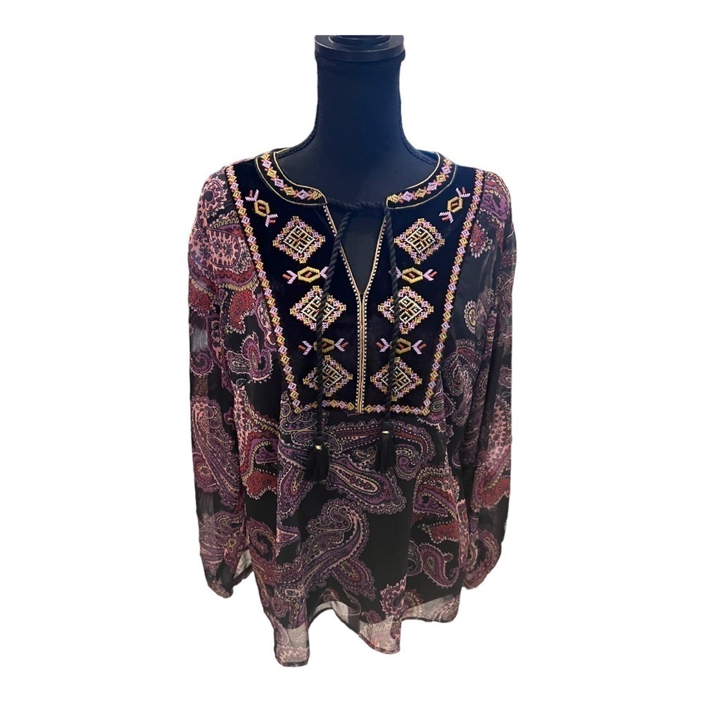 Colleen Lopez Top Tunic Blouse Embroidered Paisley Purple Black Large